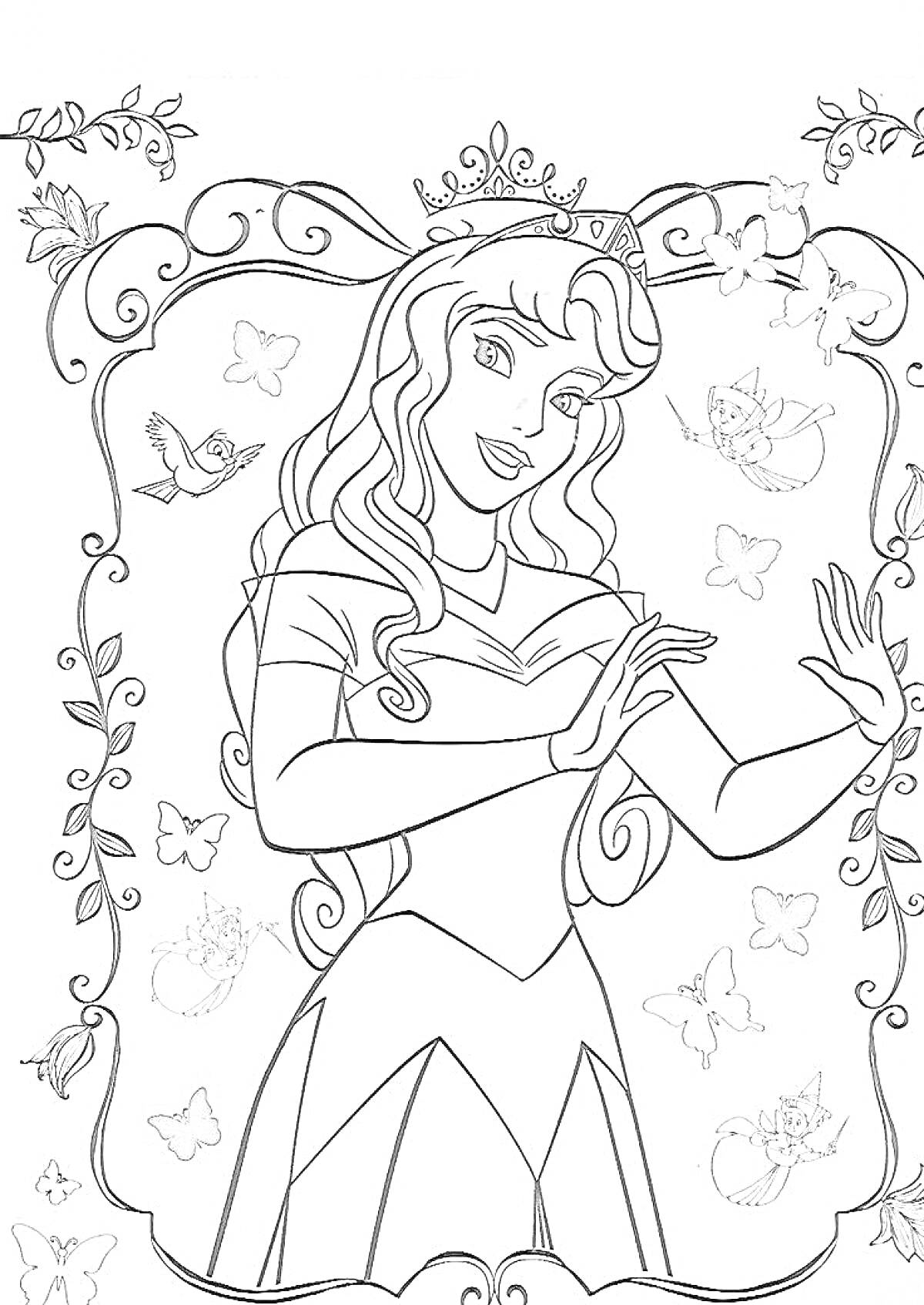 Раскраска Принцесса с длинными волосами, бабочками, птичкой и феями