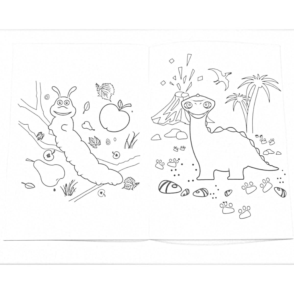 Раскраска Гусеница на ветке и динозавр возле вулкана