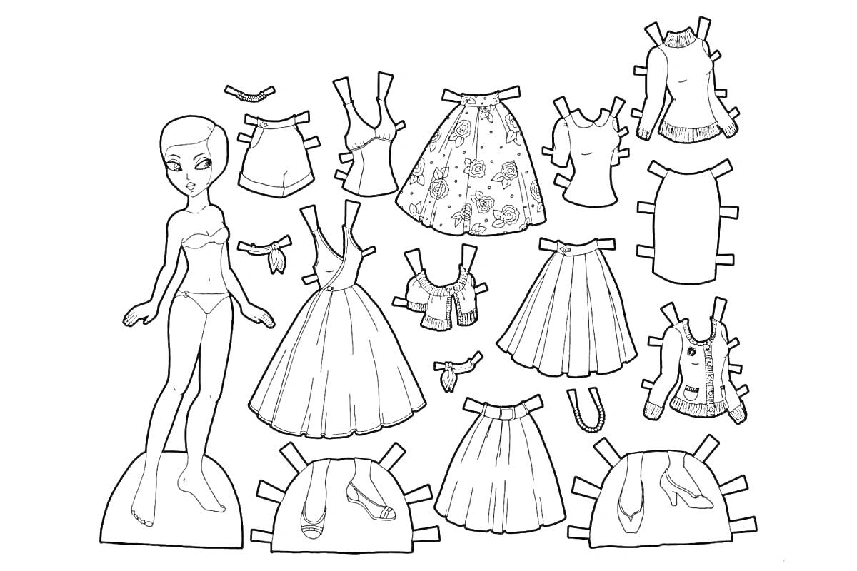 Раскраска Бумажная кукла с одеждой и аксессуарами: топы, юбки, платья, обувь