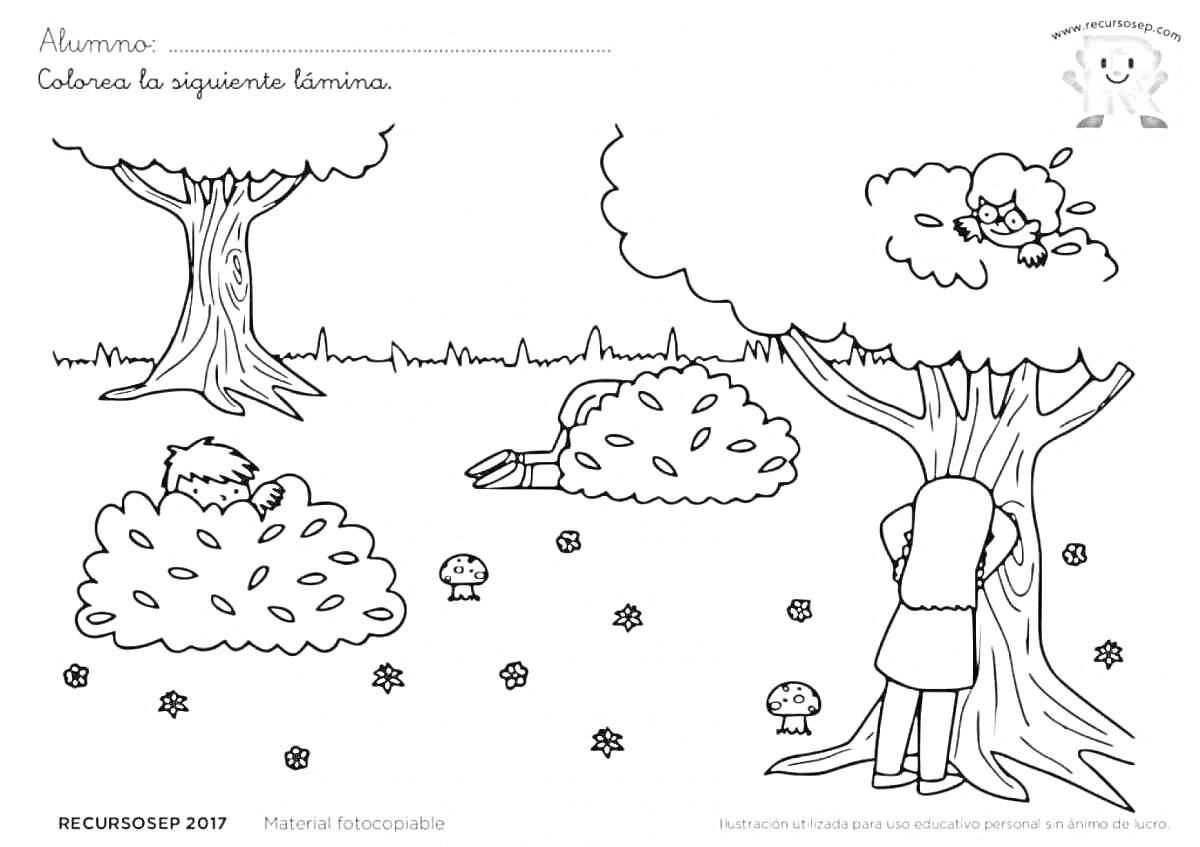 Раскраска Прятки в лесу с деревьями, кустами, грибами и детьми