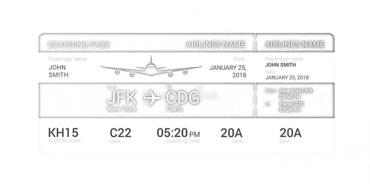 Раскраска Авиабилет с информацией: имя пассажира, дата рейса, аэропорты отправления и прибытия, номер рейса, номер выхода на посадку, время вылета, и номер места