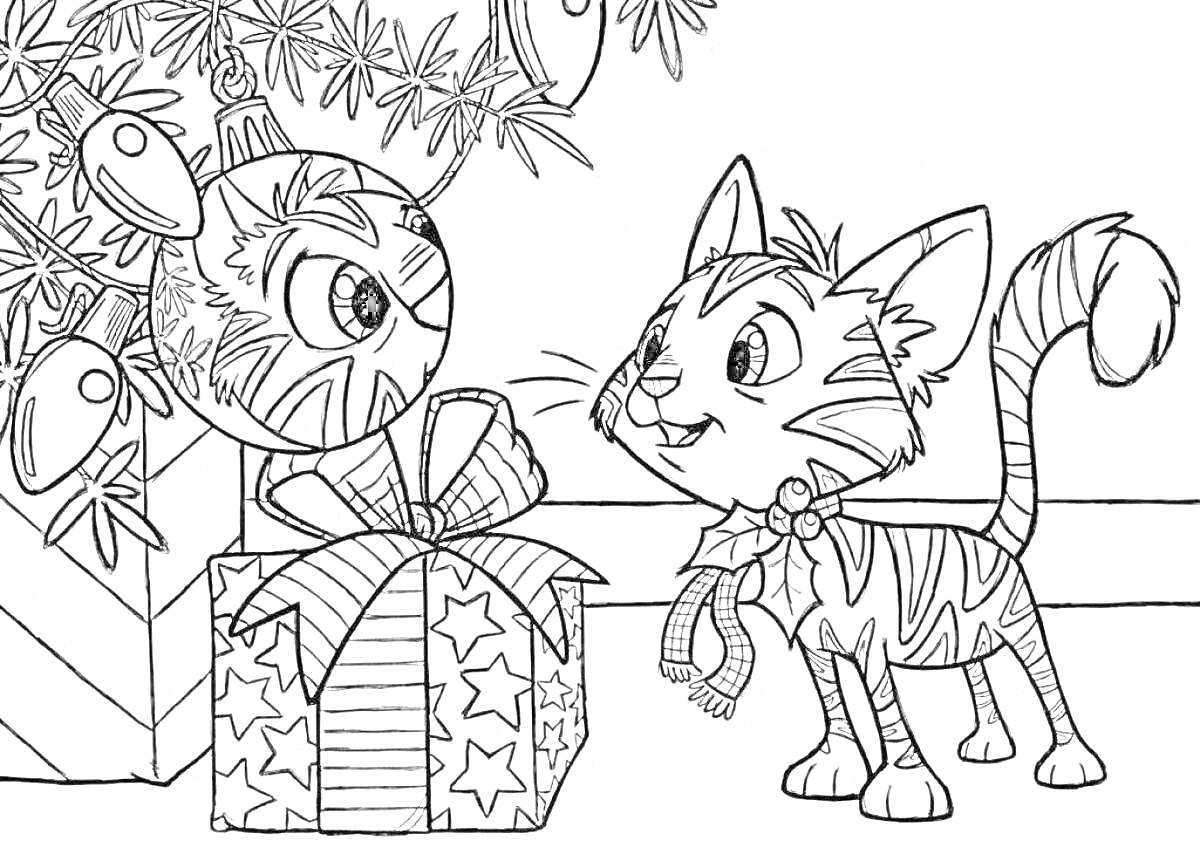 Раскраска Кошечка новогодняя с подарком и елочным шариком