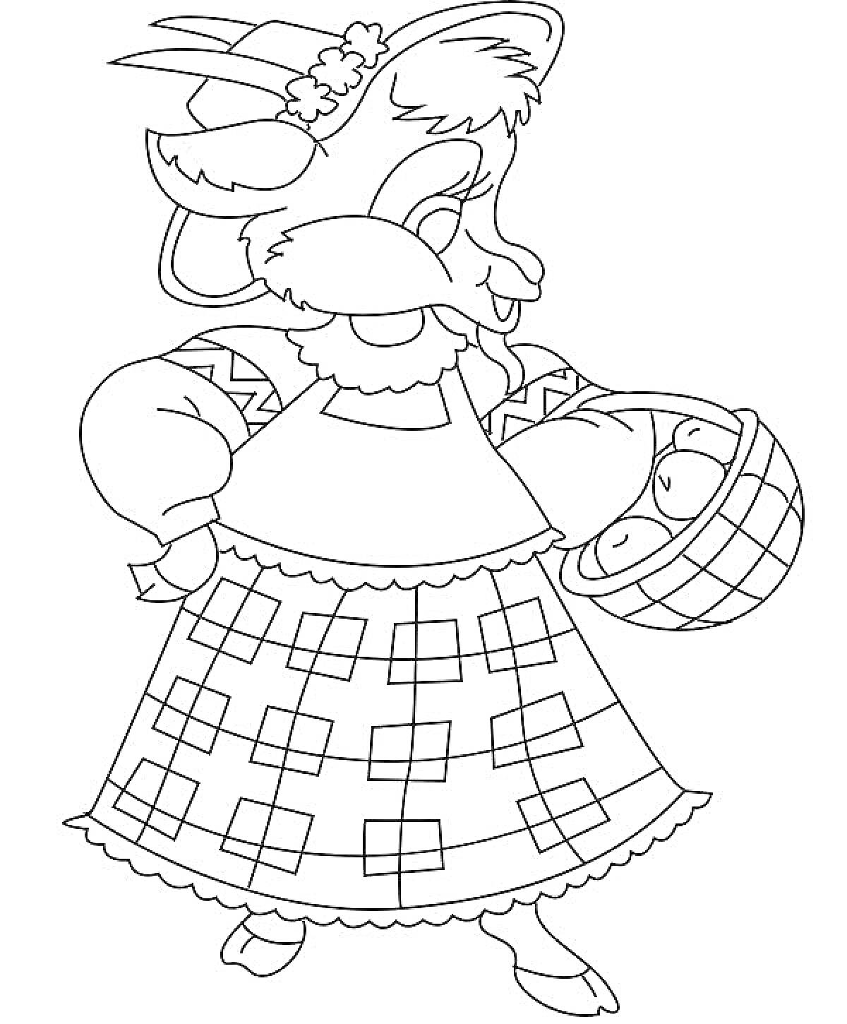 Раскраска Коза в платье с фартуком и корзинкой с яйцами