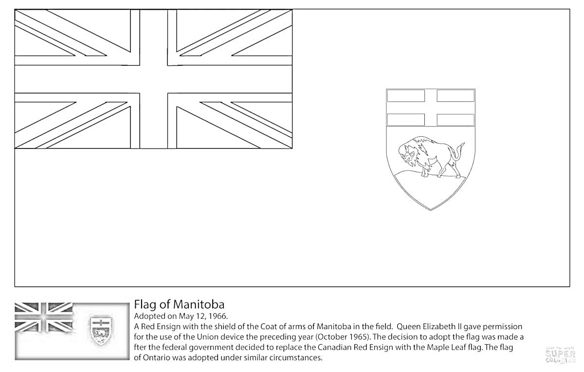 Раскраска Флаг Манитобы с изображением Юнион Джека в верхнем левом углу и гербом Манитобы справа, на фоне текст о флаге
