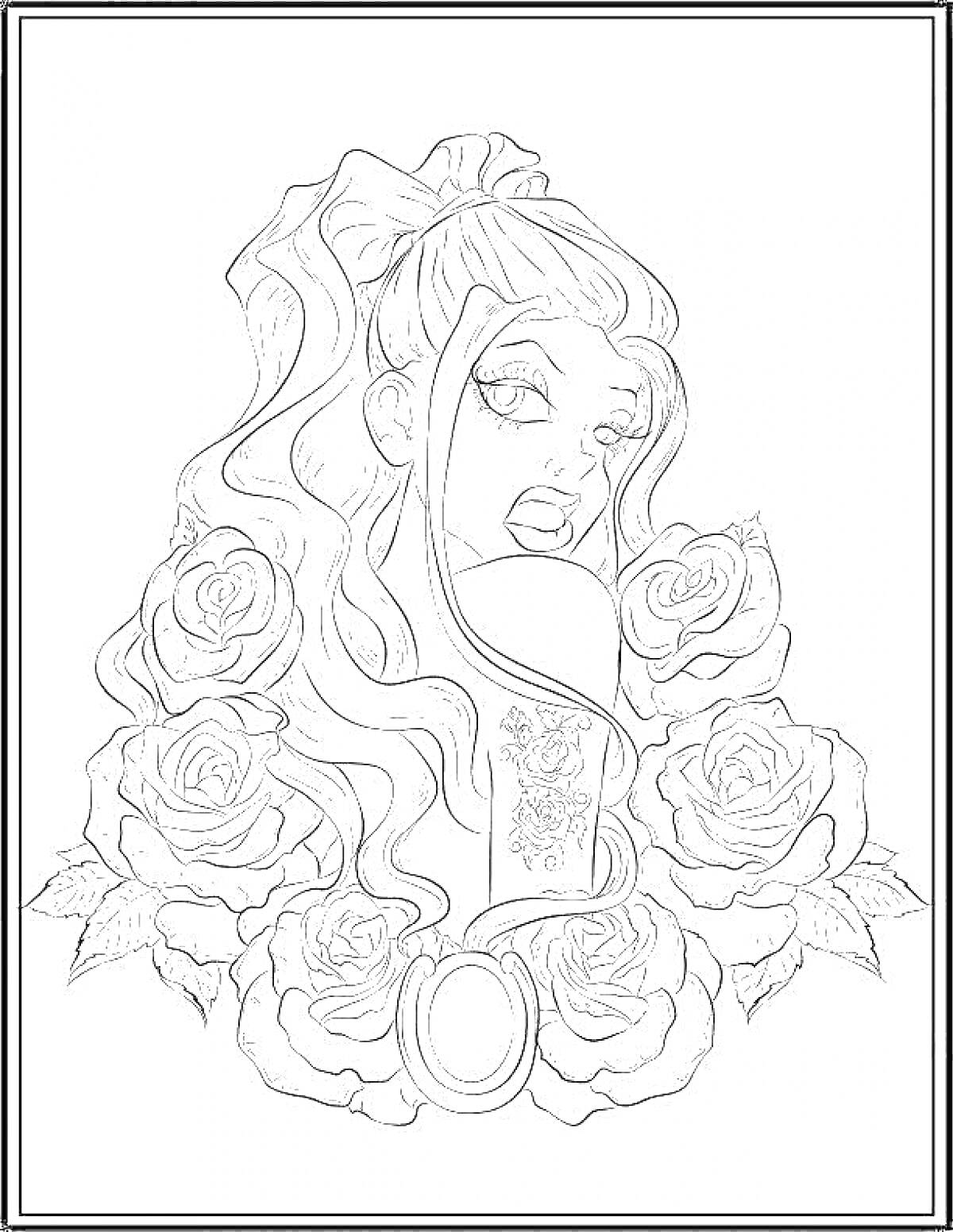Раскраска Девушка с длинными волосами с бантом и букетом роз