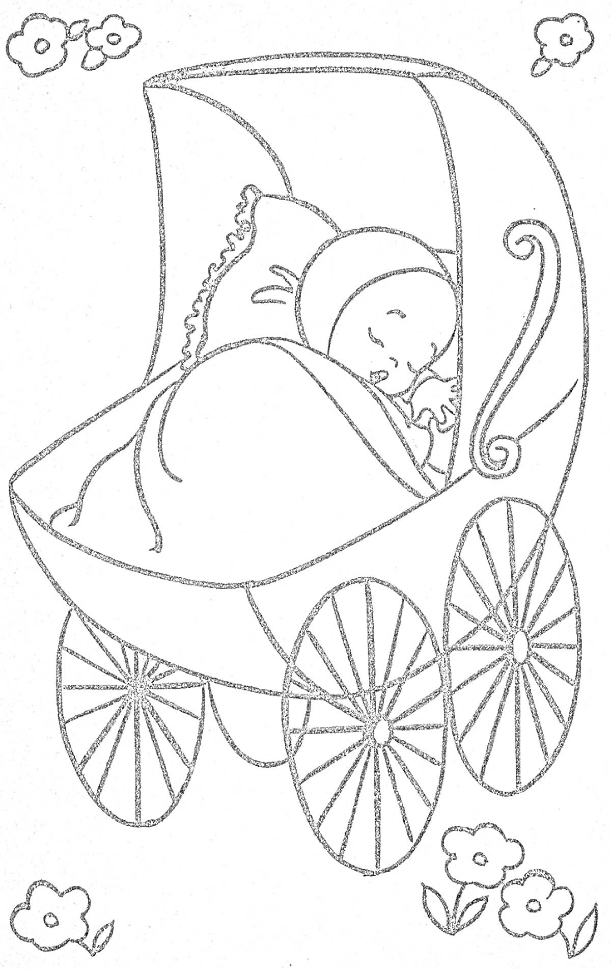 Раскраска Малыш спящий в коляске, цветы вокруг