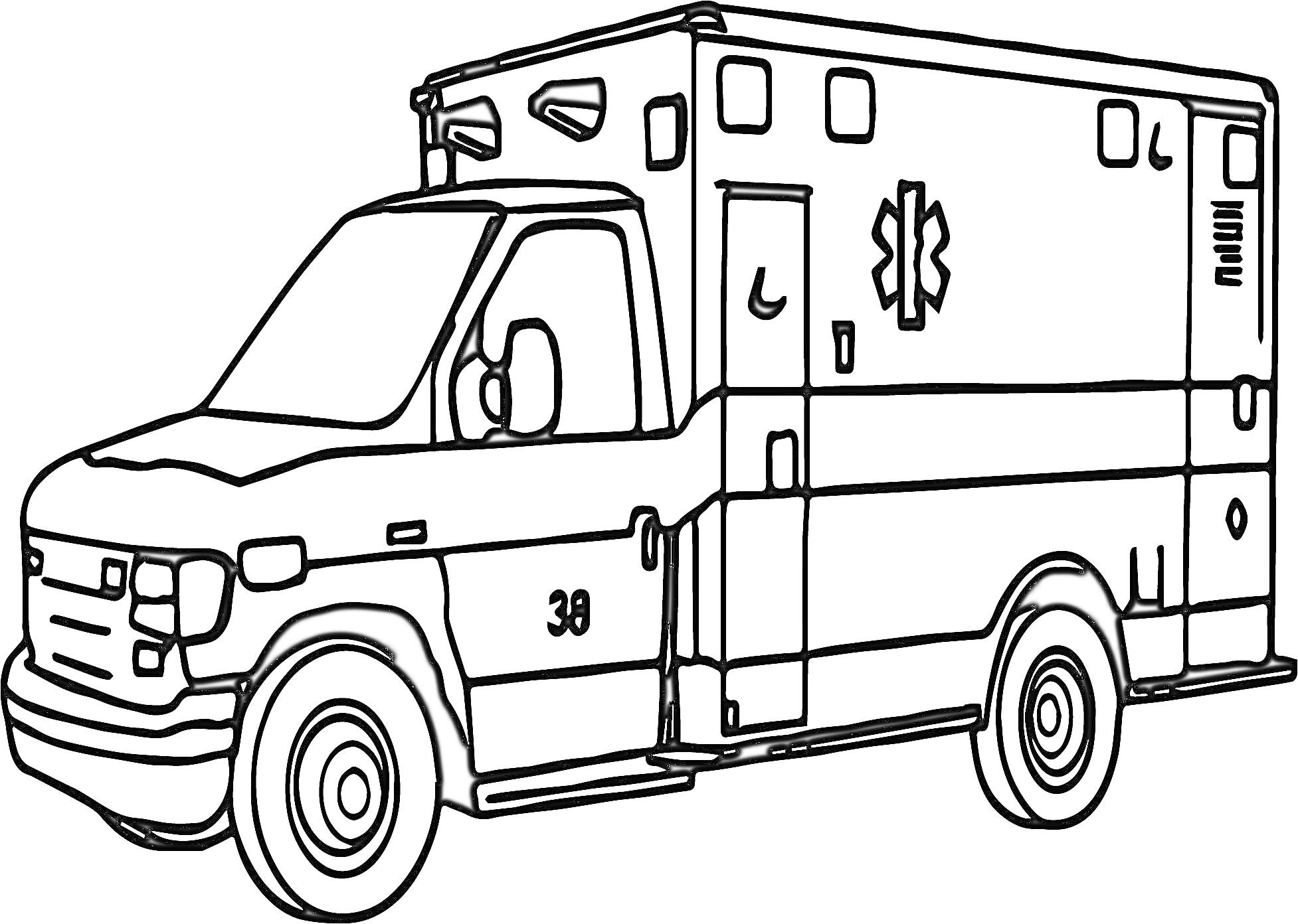 На раскраске изображено: Скорая помощь, Машина скорой помощи, Транспорт, Авто, Контурные рисунки