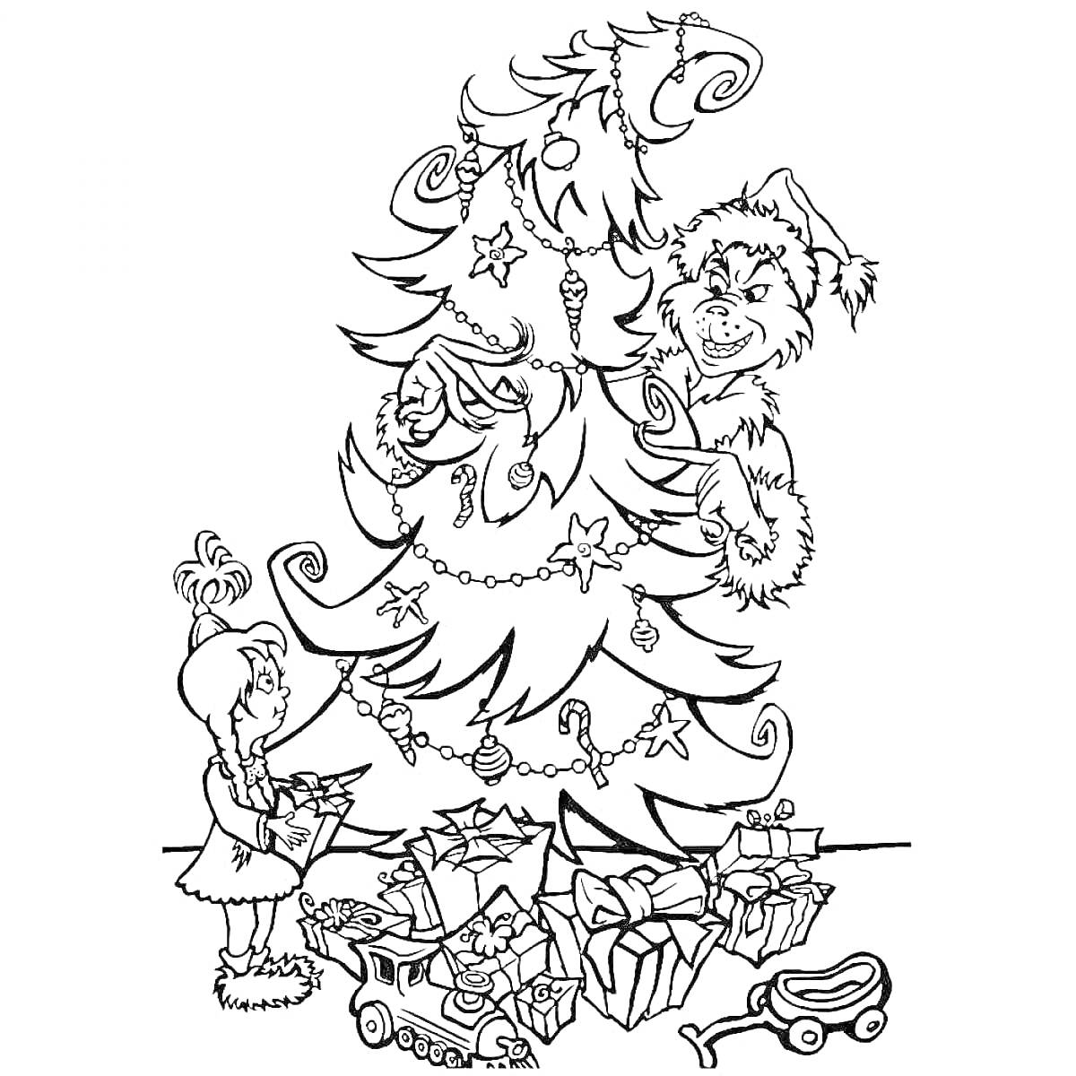 На раскраске изображено: Гринч, Девочка, Рождественская елка, Подарки, Игрушки, Новогодние украшения, Новый год, Рождество, Гирлянда, Сани