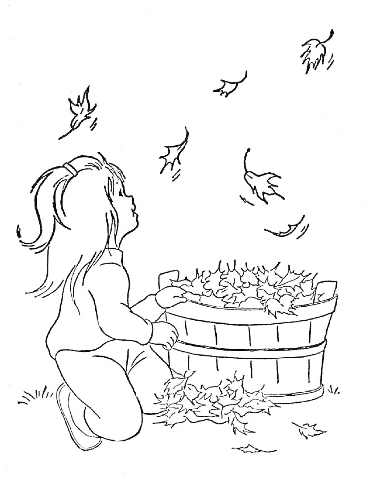 Раскраска Девочка с держащим ведром, полным опавших листьев, наблюдает за летящими осенними листьями