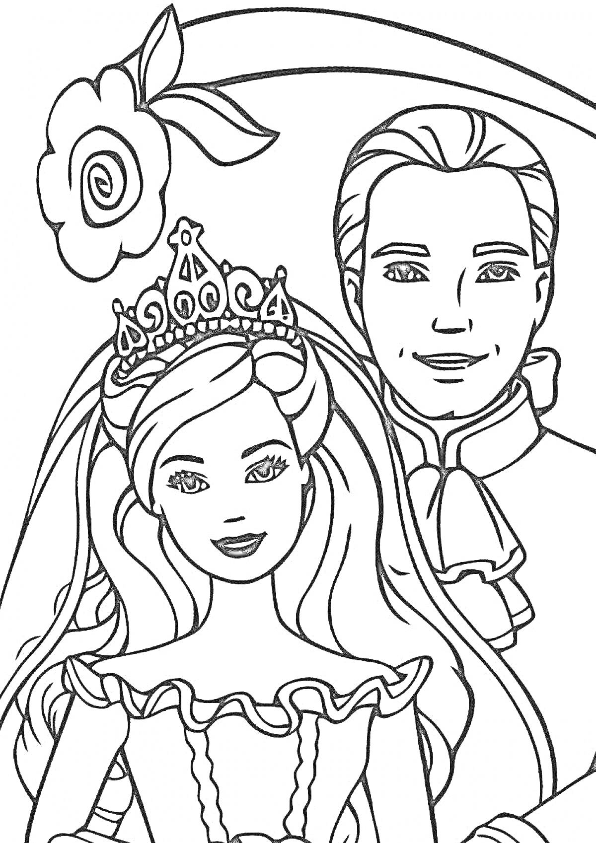 На раскраске изображено: Барби, Кен, Корона, Принцесса, Принц, Волосы