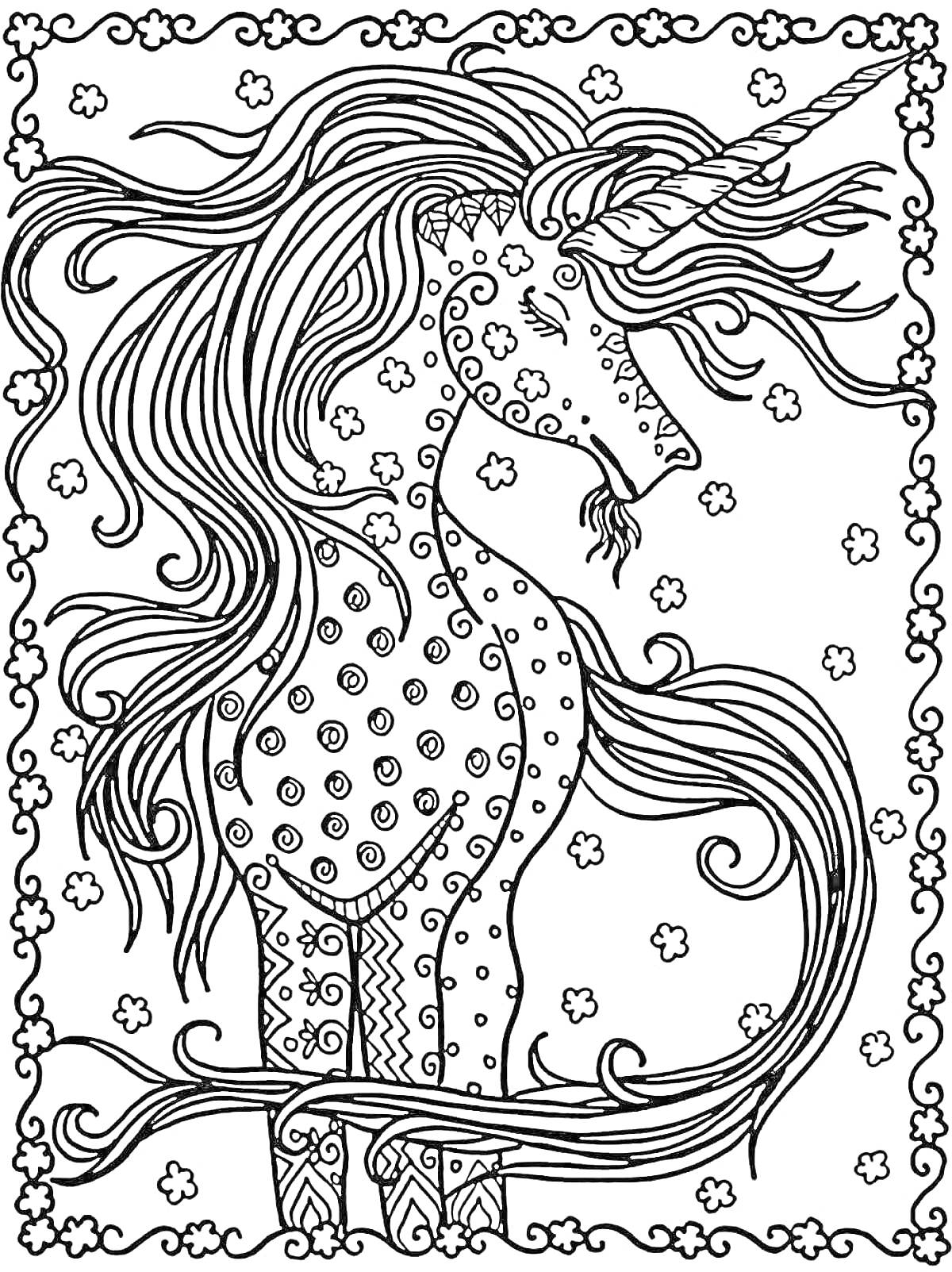 Раскраска Единорог с развевающейся гривой на фоне цветущий узоров, в рамке