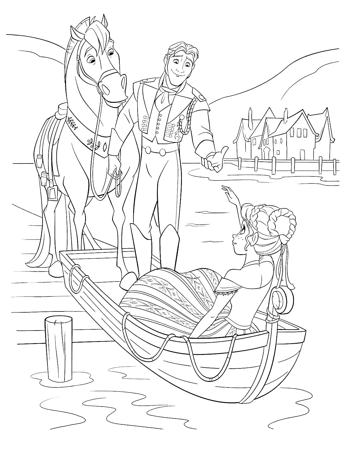 Раскраска Девушка в лодке с юношей и лошадью на берегу в городе