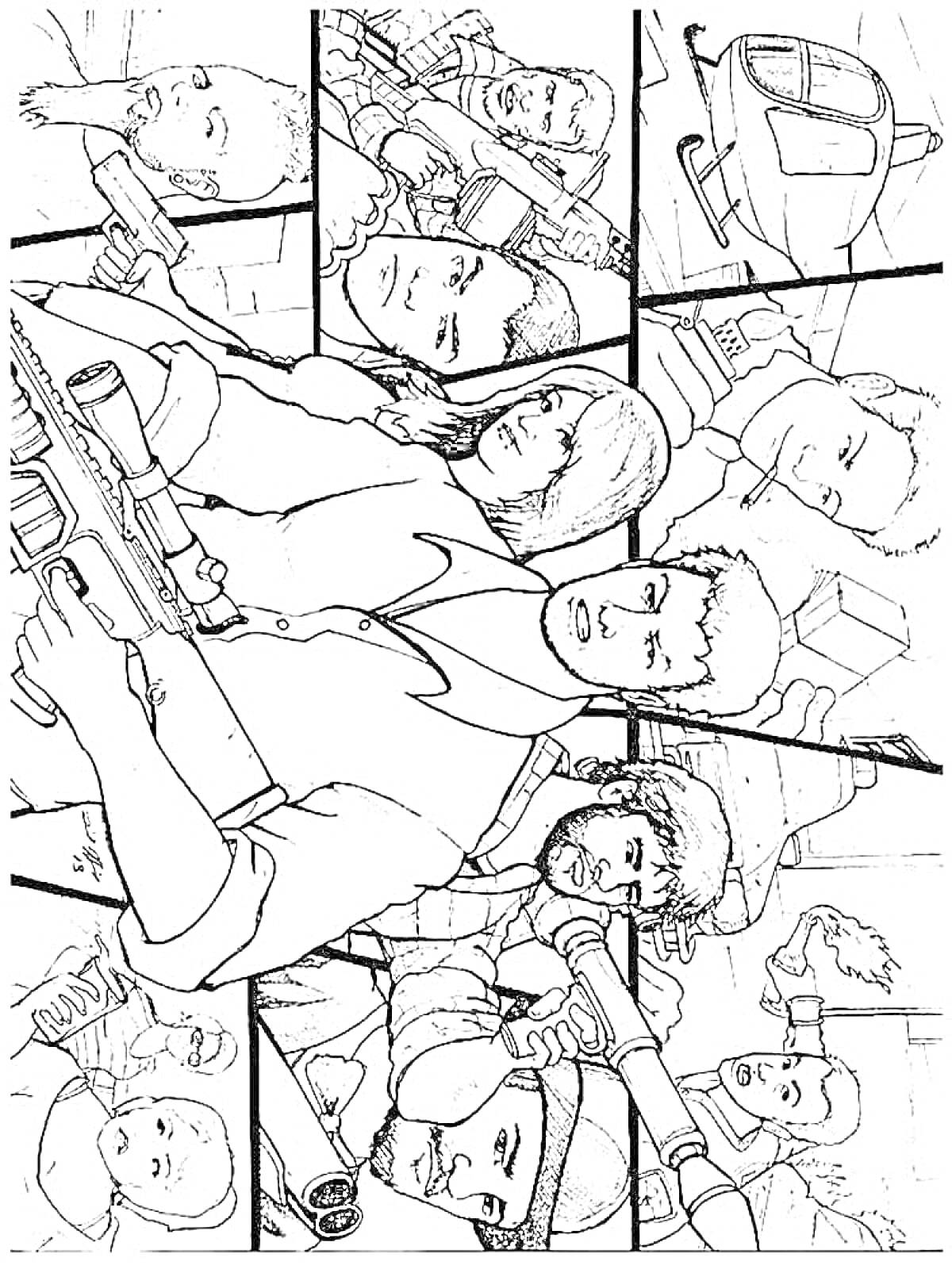 Раскраска Группа персонажей с оружием и вертолетом, ГТА