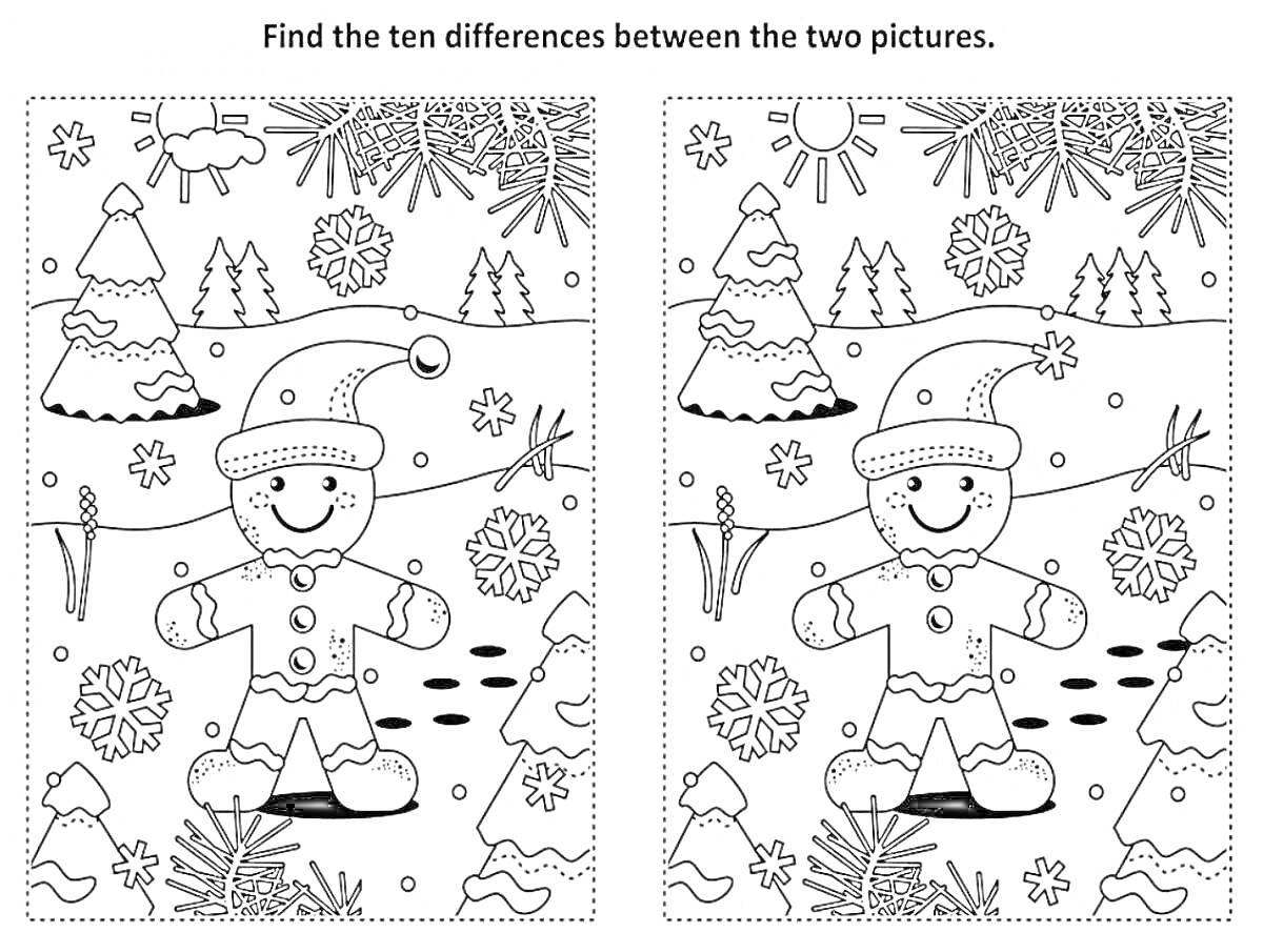 На раскраске изображено: Зима, Отличия, Ёлки, Снежинки, Звезды, Игра, Поиск