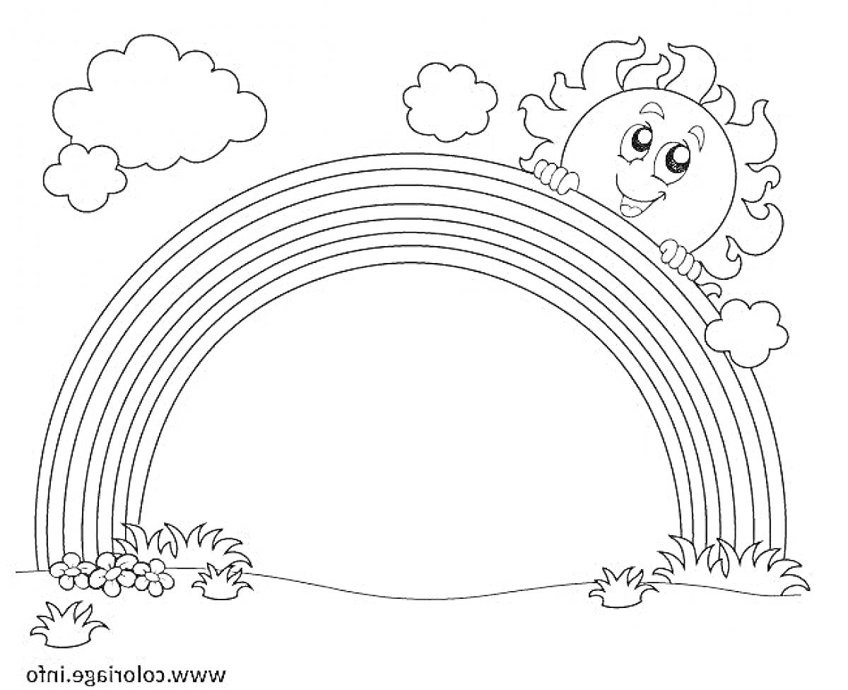 Раскраска Радуга с улыбающимся солнцем, облаками и цветами