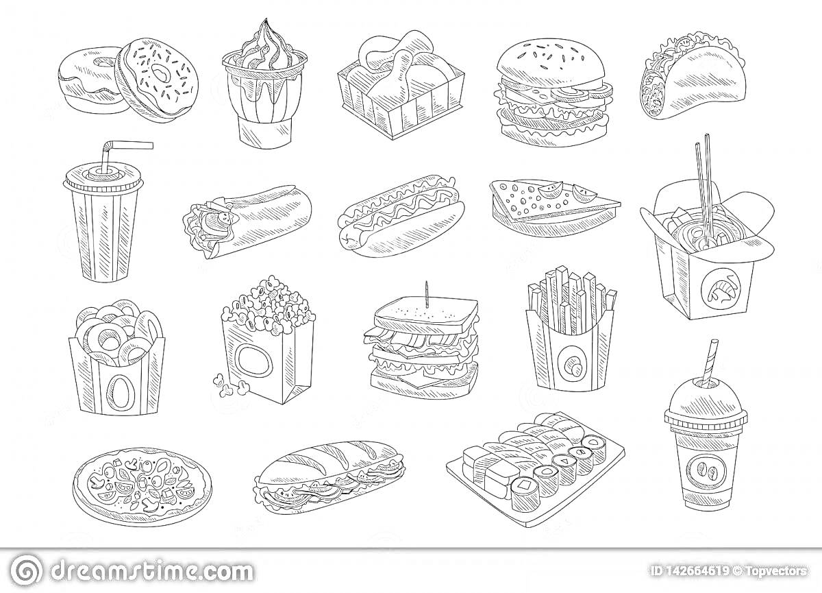 Раскраска Рисунок продуктов из Макдональдса с гамбургером, чизбургером, картофелем фри, напитками, мороженым, кесадильей, багетом, салатом, пиццей, роллом, суши и креветками