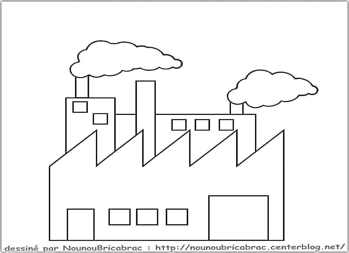 Раскраска завод с трубами, окнами и дымом