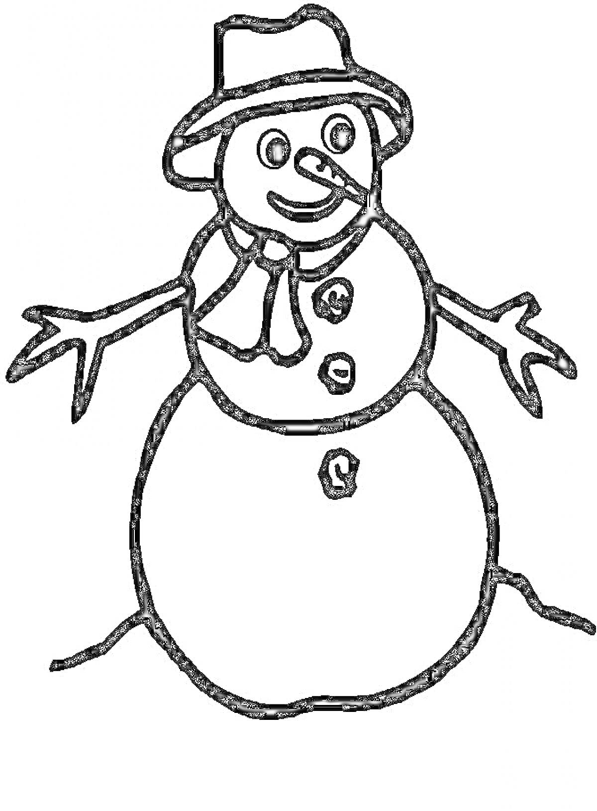 Раскраска Снеговик в шляпе с шарфом на снегу