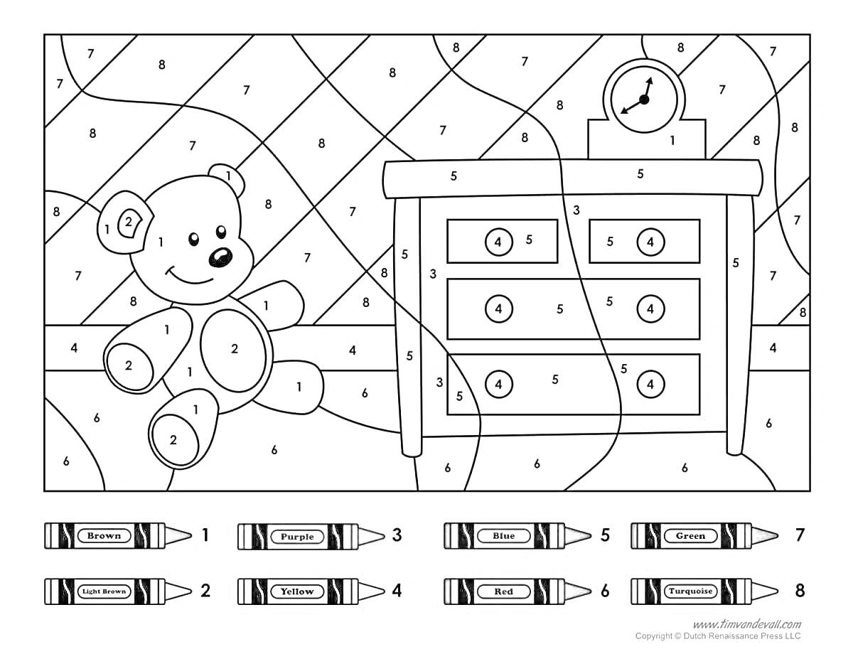На раскраске изображено: Комод, Часы, Цифры, Карандаши, Игра