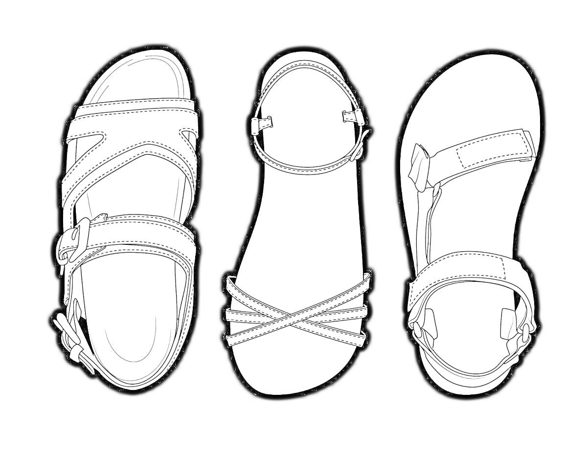 РаскраскаТри пары сандалий с разными ремешками (сандалии слева с пряжкой, сандалии посередине с перекрещенными ремешками, сандалии справа с прямыми ремешками)