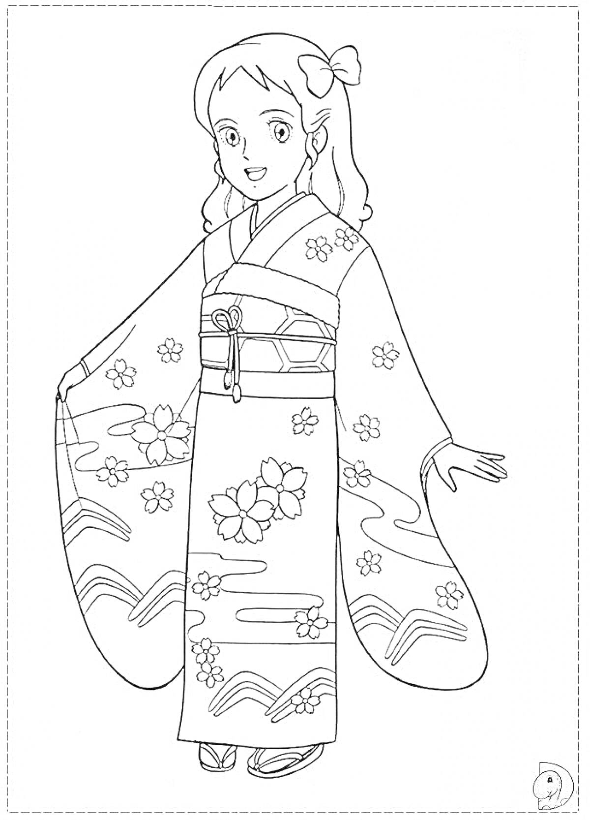 На раскраске изображено: Девочка, Кимоно, Традиционная одежда, Цветы, Бант, Одежда