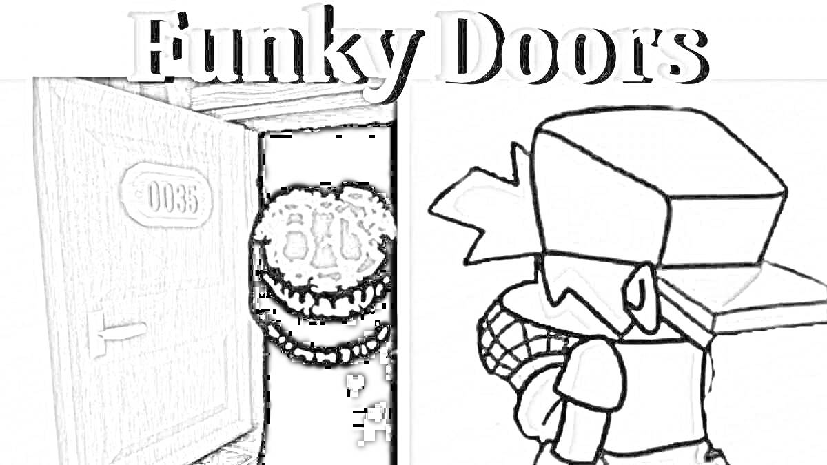 Раскраска Funky Doors: дверь с номером 035 и улыбающееся лицо монстра, персонаж в шляпе, повернутый спиной