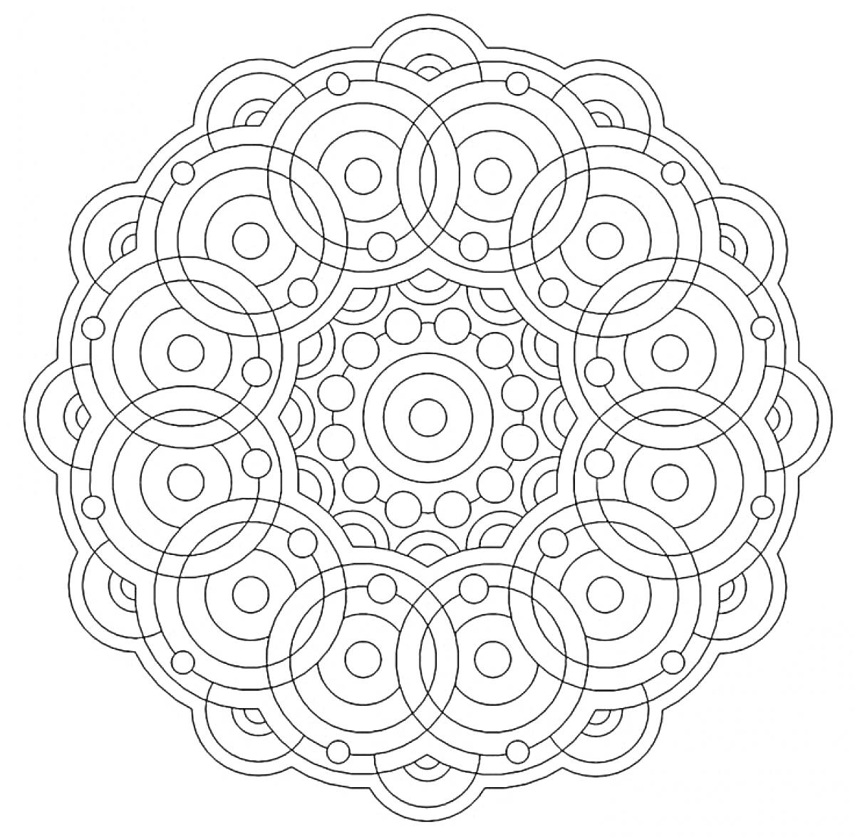 Раскраска Мандала с кольцами и кругами
