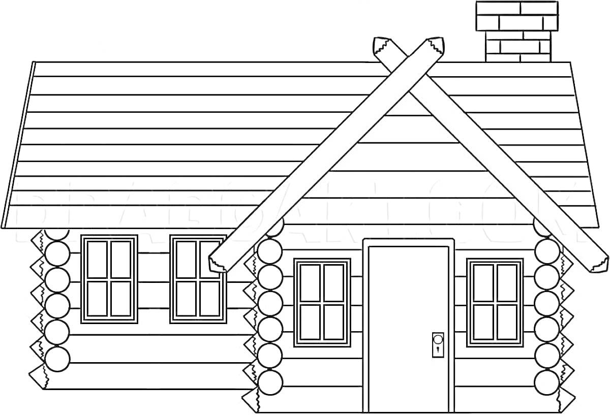 Раскраска Русская изба с дверью, окнами и дымоходом