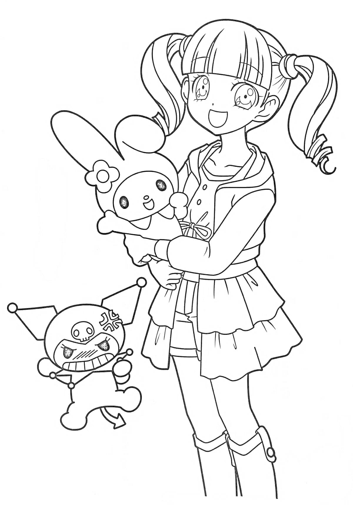 Раскраска Девочка с двумя хвостиками и двумя плюшевыми игрушками (Куроми и Мелоди)