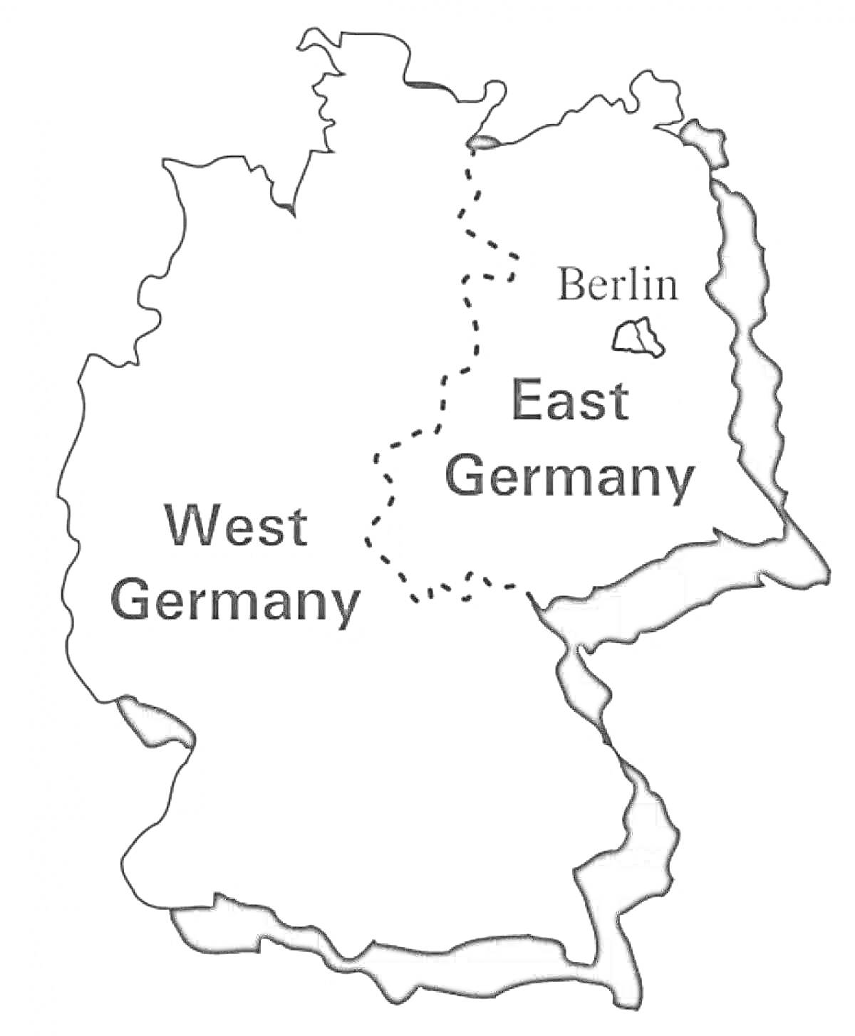 Карта разделенной Германии с указанием Западной и Восточной Германии и Берлина