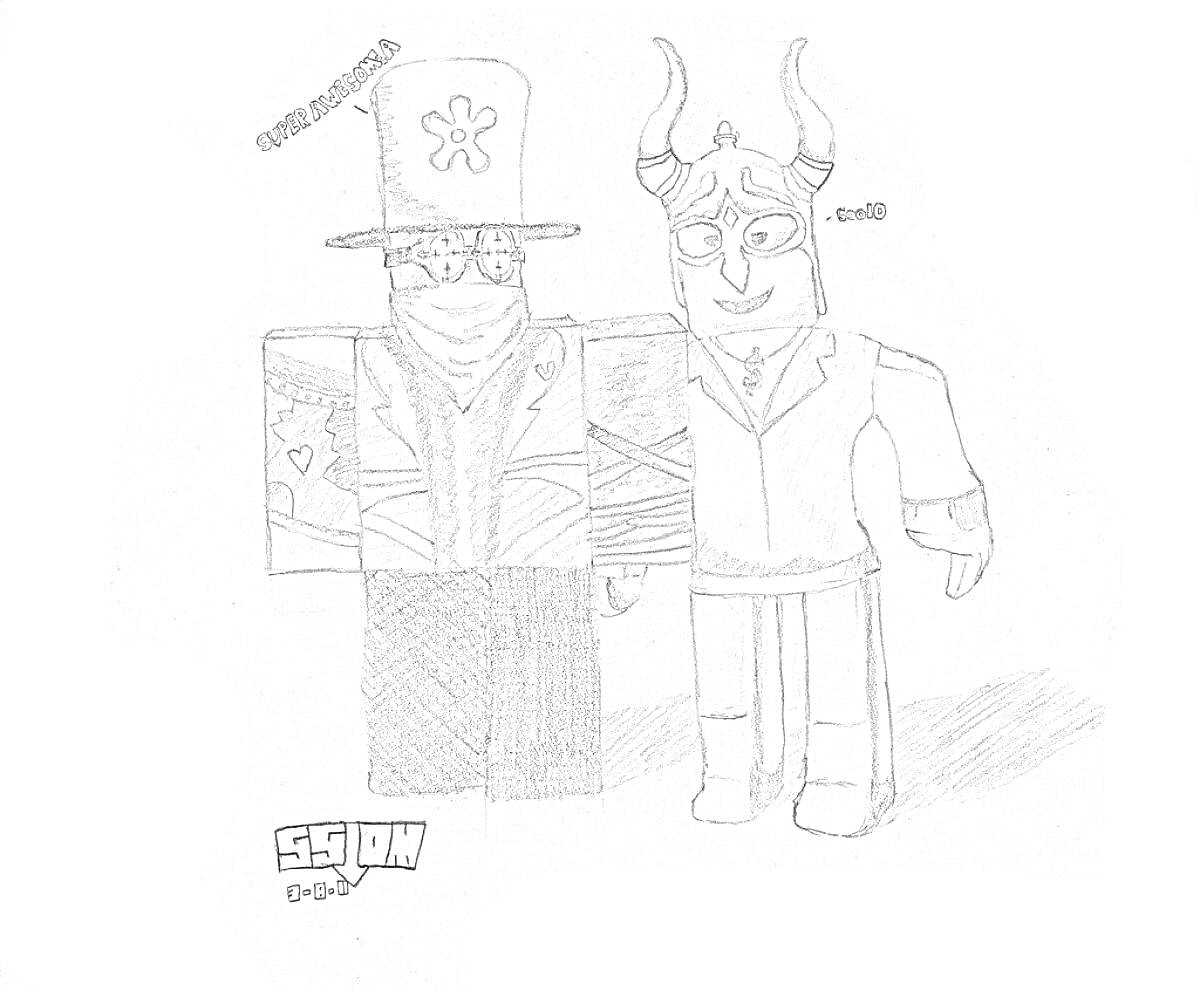 Две роблокс-фигуры с разными шляпами и одеждой, одна с высокой шляпой, другая с рогатым шлемом