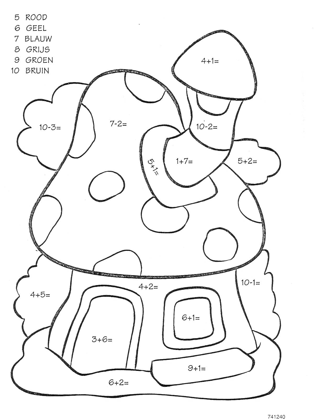 Раскраска Домик-грибок с элементами на изображении и математическими заданиями в пределах 5