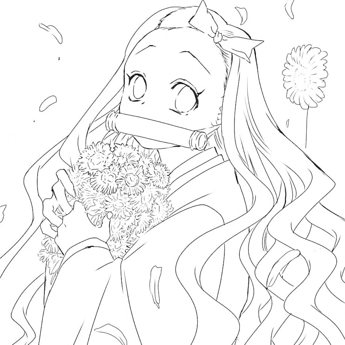Раскраска Недзуко с букетом цветов и распускающейся головкой декоративного цветка, сыплются лепестки