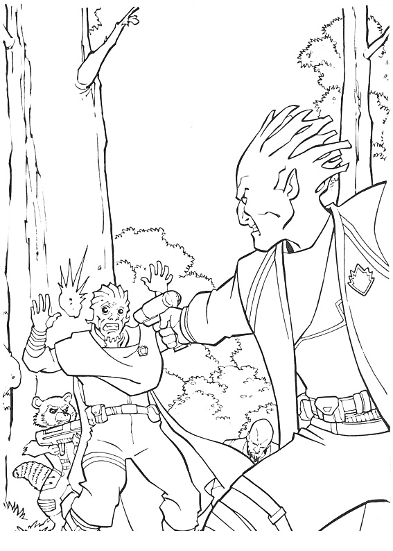 Раскраска Стражи Галактики: сцена сражения в лесу, два персонажа с поднятыми руками, два других персонажа с оружием, ноги пятого персонажа, стоящего за деревом