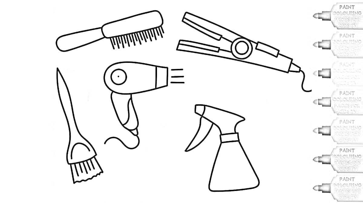Раскраска Раскраска с предметами парикмахера: расчёска, выпрямитель для волос, фен, кисточка для краски, спрей для воды