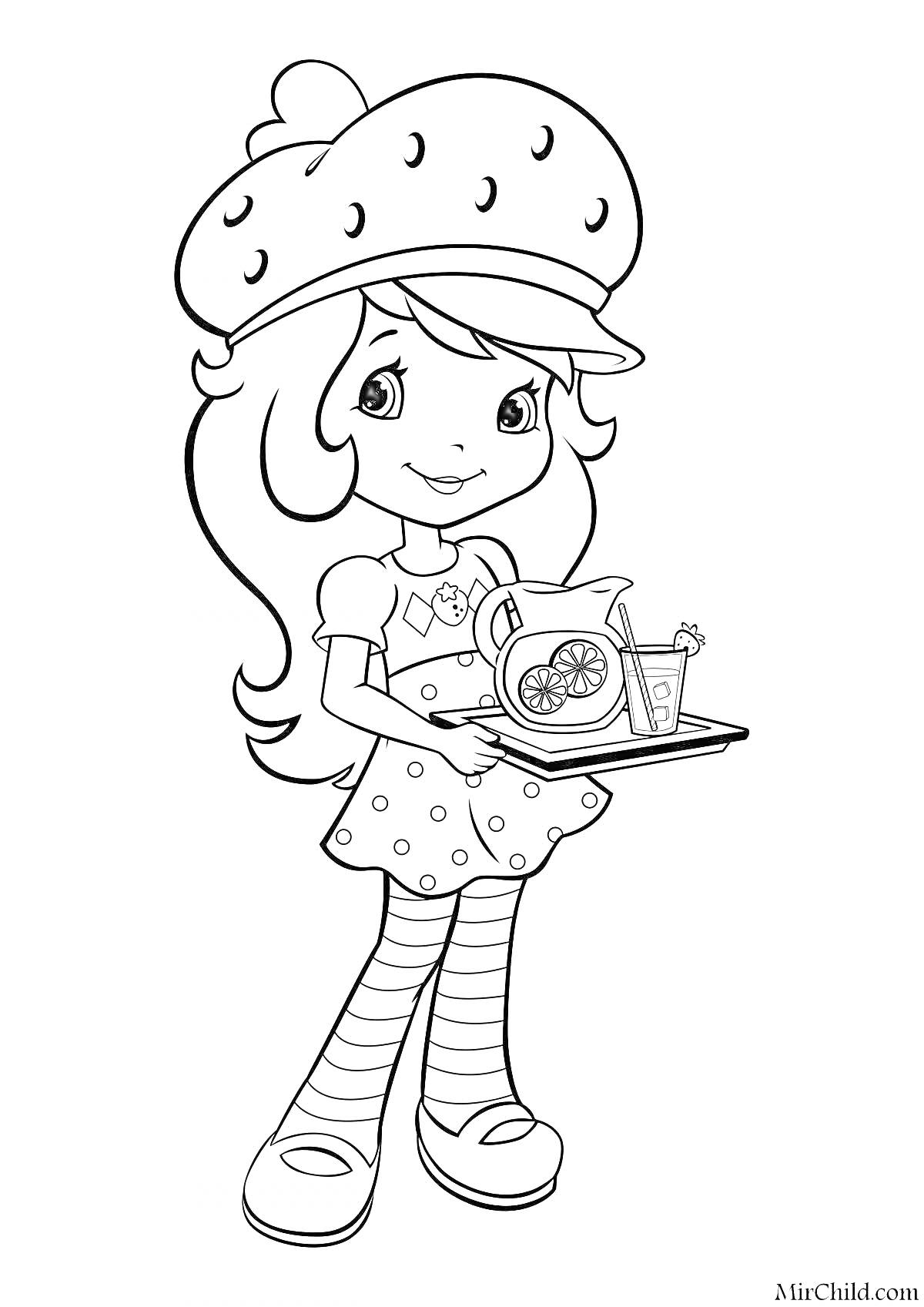 Раскраска Девочка в шапочке с клубничками, держащая поднос с графином и стаканом лимонада