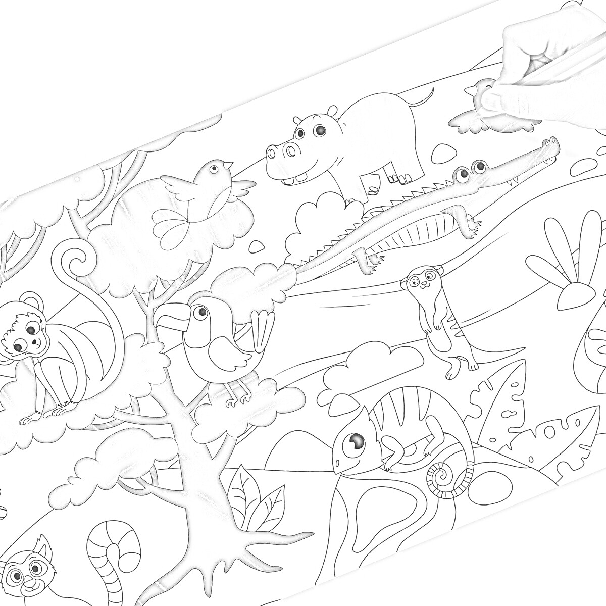 На раскраске изображено: Бегемот, Крокодил, Лесные животные