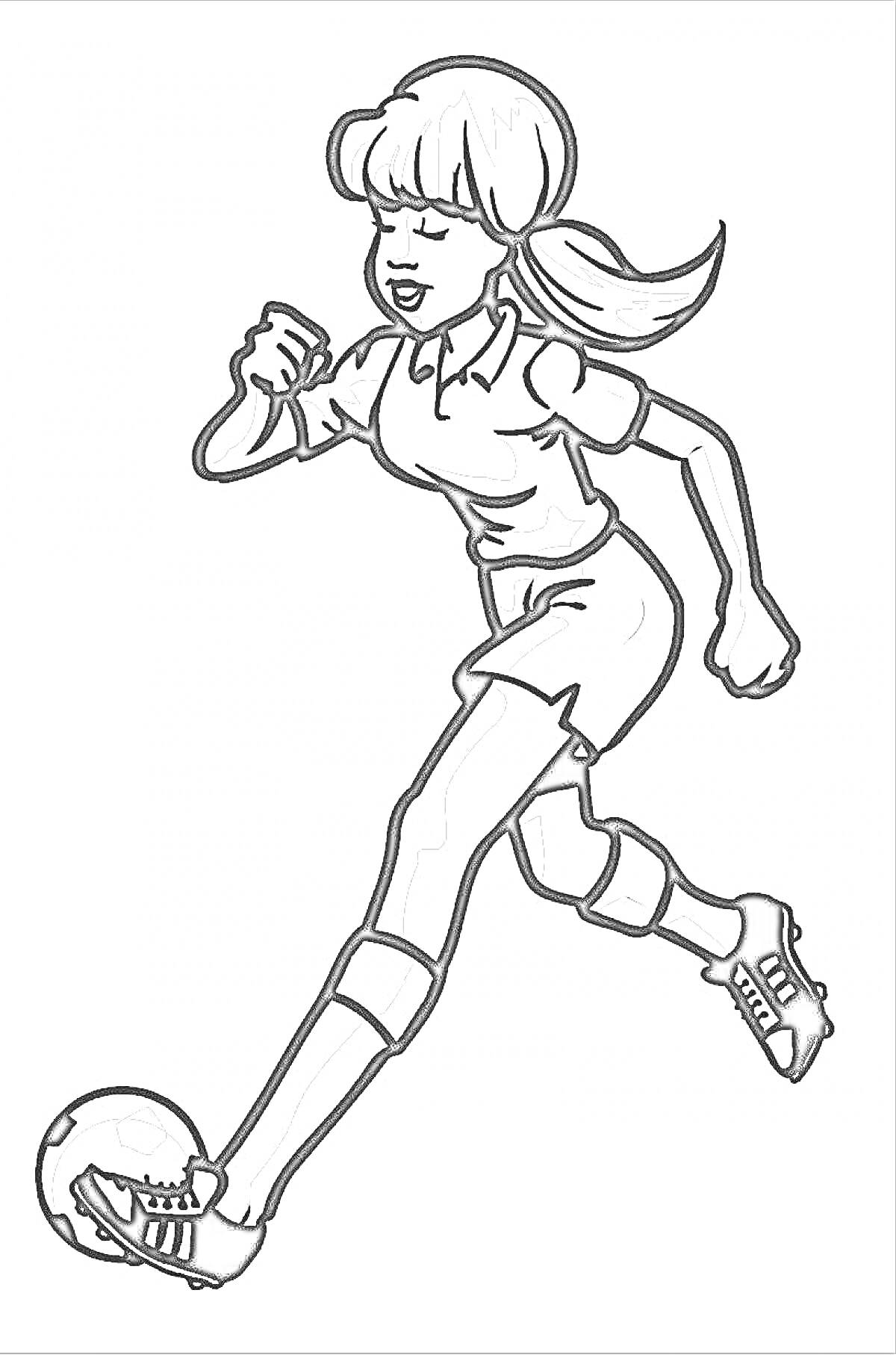 Раскраска Девочка в спортивной форме, играющая в футбол, с мячом