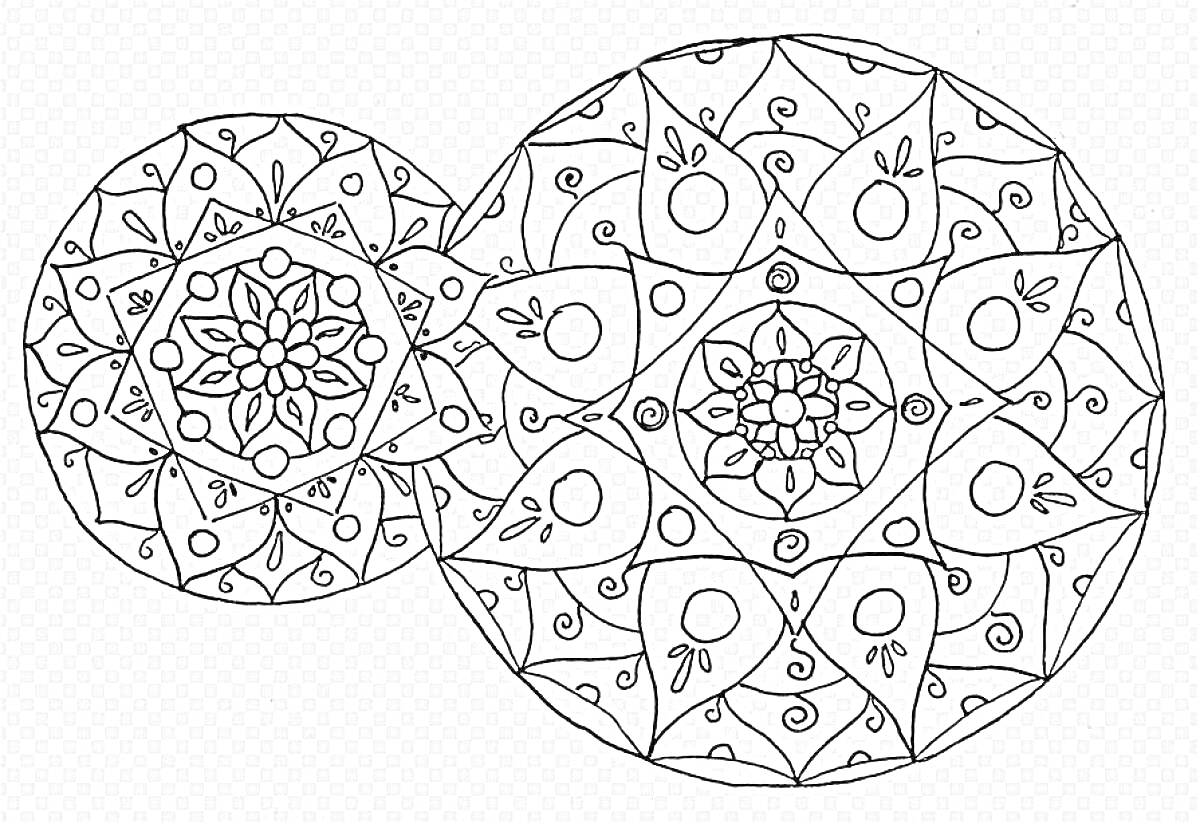 Раскраска Геометрическая мандала в виде двух пересекающихся кругов с цветочными и листовыми узорами