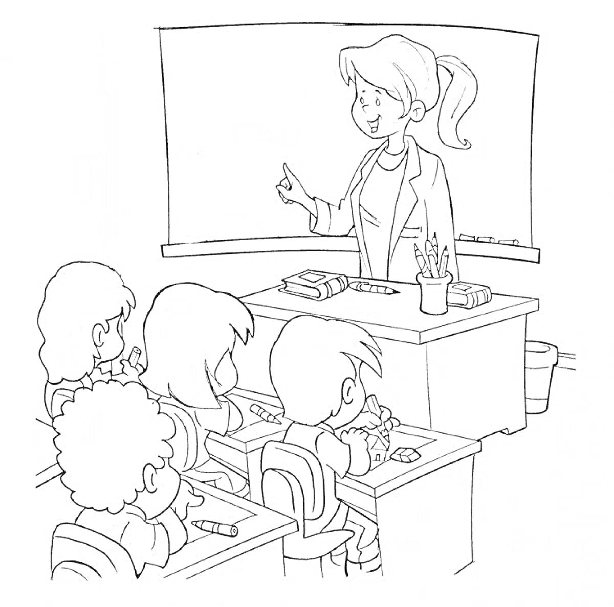 Раскраска Учитель у доски в классе с учениками, учащиеся сидят за партами, доска, стол учителя с канцелярскими принадлежностями
