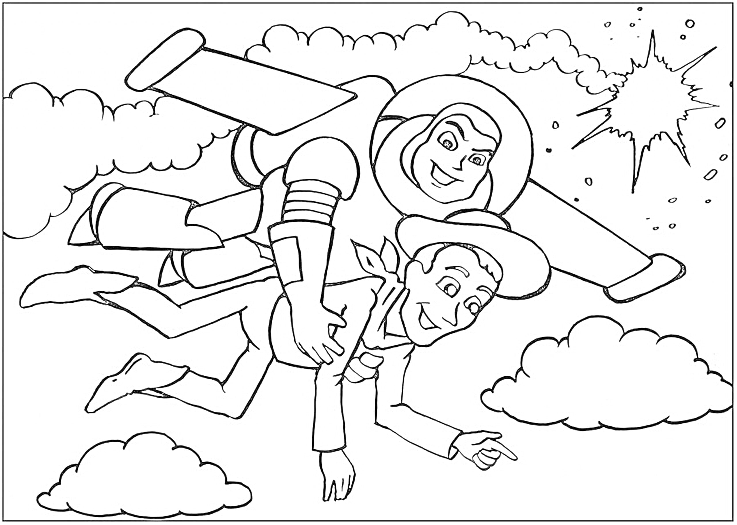 Раскраска Летающий астронавт и ковбой среди облаков