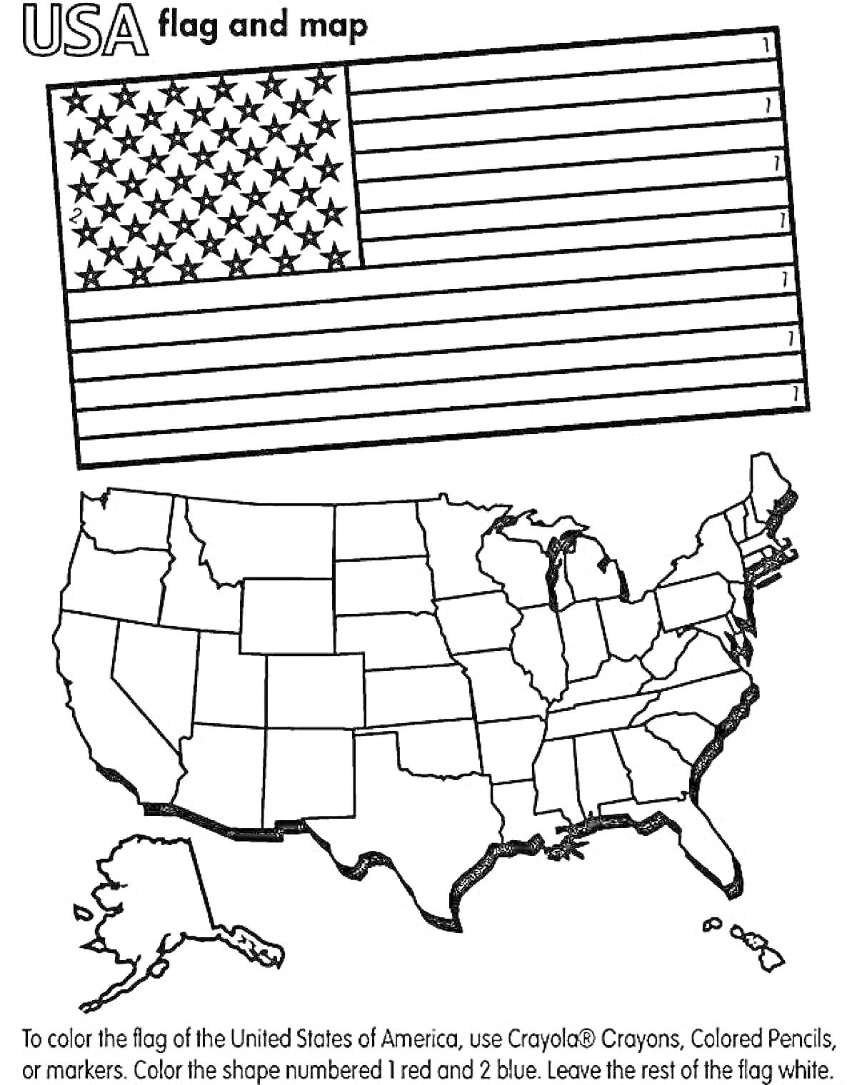 На раскраске изображено: США, Флаг, Карта, География, Звезды, Полосы, Континенты, Контурные рисунки, Страны мира