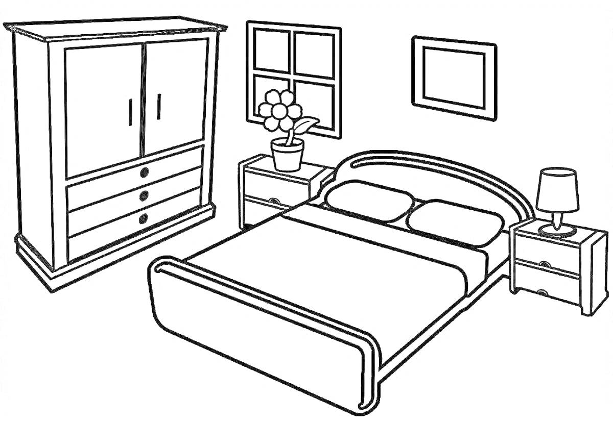 На раскраске изображено: Кровать, Спальня, Тумбочка, Шкаф, Лампа, Интерьер, Мебель, Окна, Растения