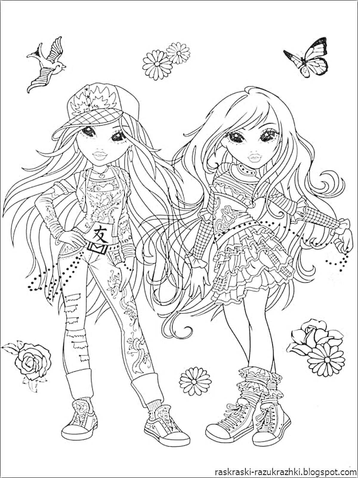 На раскраске изображено: Модница, Длинные волосы, Стильная одежда, Цветы, Бабочка, Для девочек, Крутые