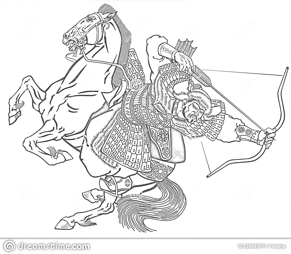 На раскраске изображено: Конь, Стрельба из лука, Доспехи, Боевой наряд, Средневековый воин