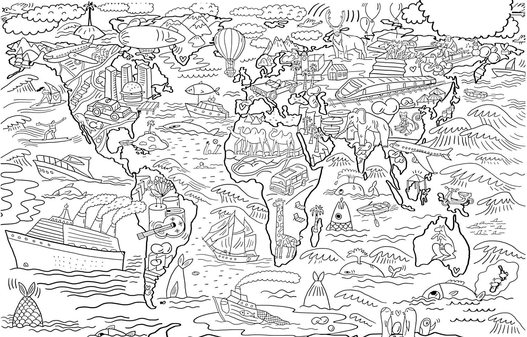 Раскраска карта мира с элементами люди, здания, корабли, самолеты, деревья, хот-эйр баллон, автомобили, животные, корабли, лодки, айсберг, вулкан, сфинкс, статуи, лифт