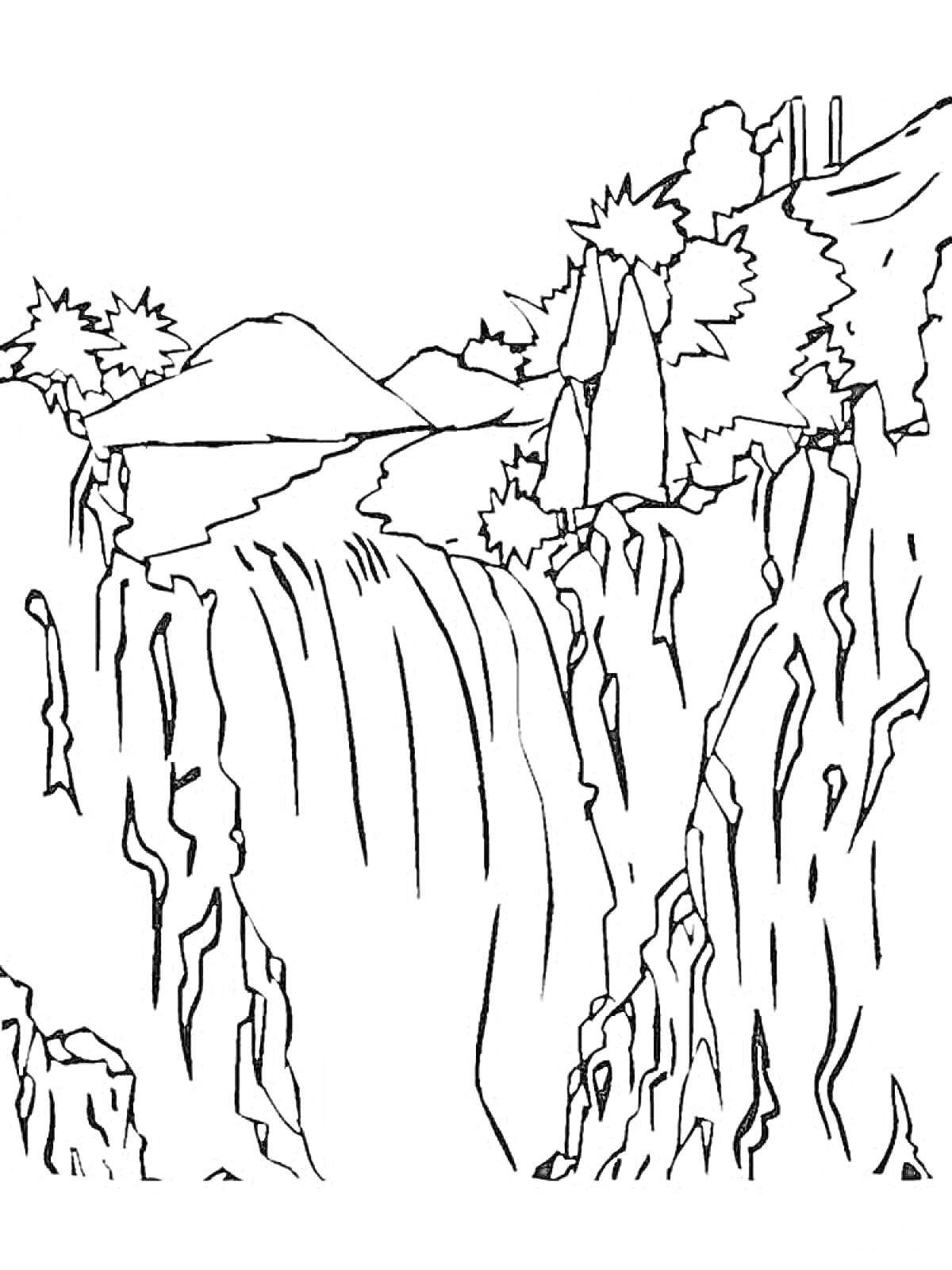 На раскраске изображено: Водопад, Деревья, Скалы, Природа, Пейзаж, Контурные рисунки, Кусты