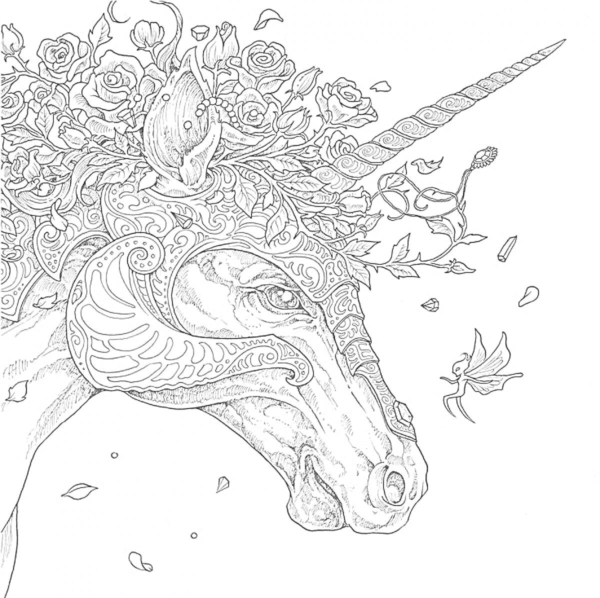 Раскраска Единорог с узорным шлемом и цветочным венком, парящая фея, осенние листья