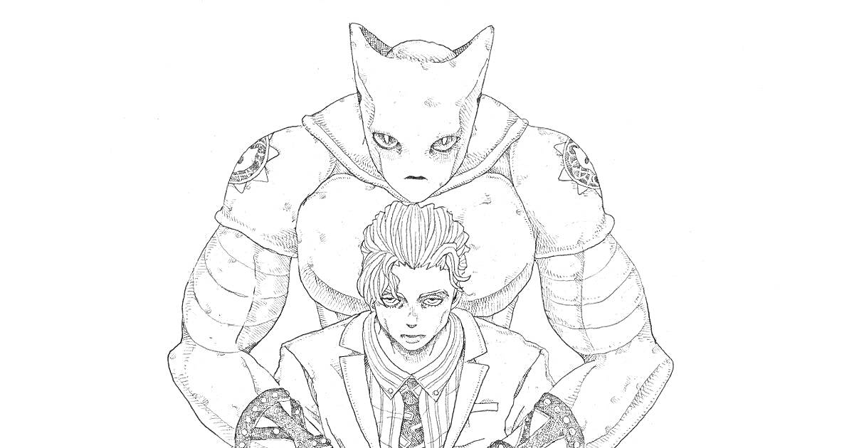 Раскраска Персонажи Killer Queen и человек в костюме с галстуком
