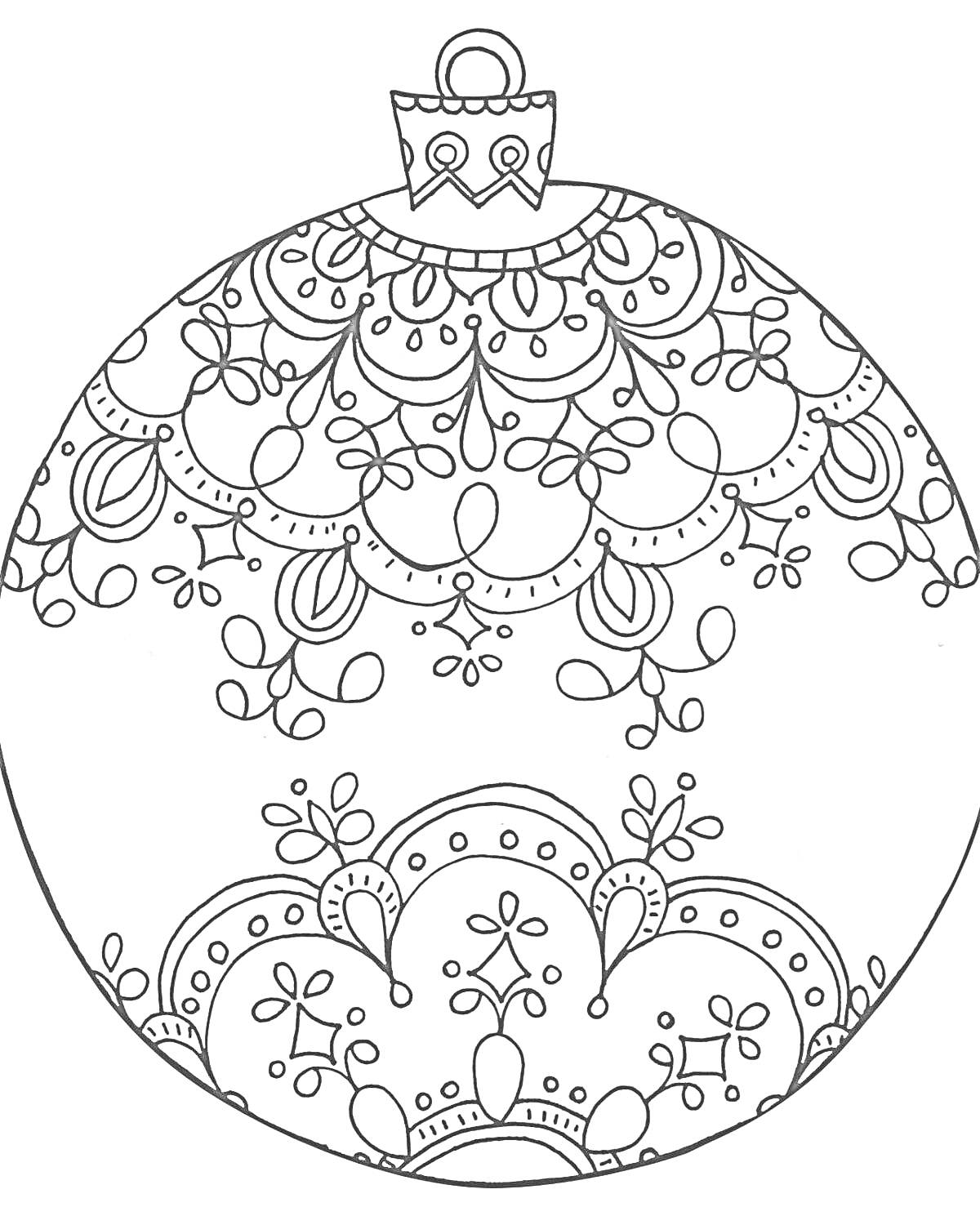 Раскраска Раскраска новогоднего шарика с кружевными узорами и цветами